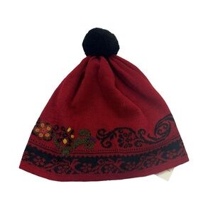 Black Red Floral Alpaca Ski Hat Handcrafted in Peru